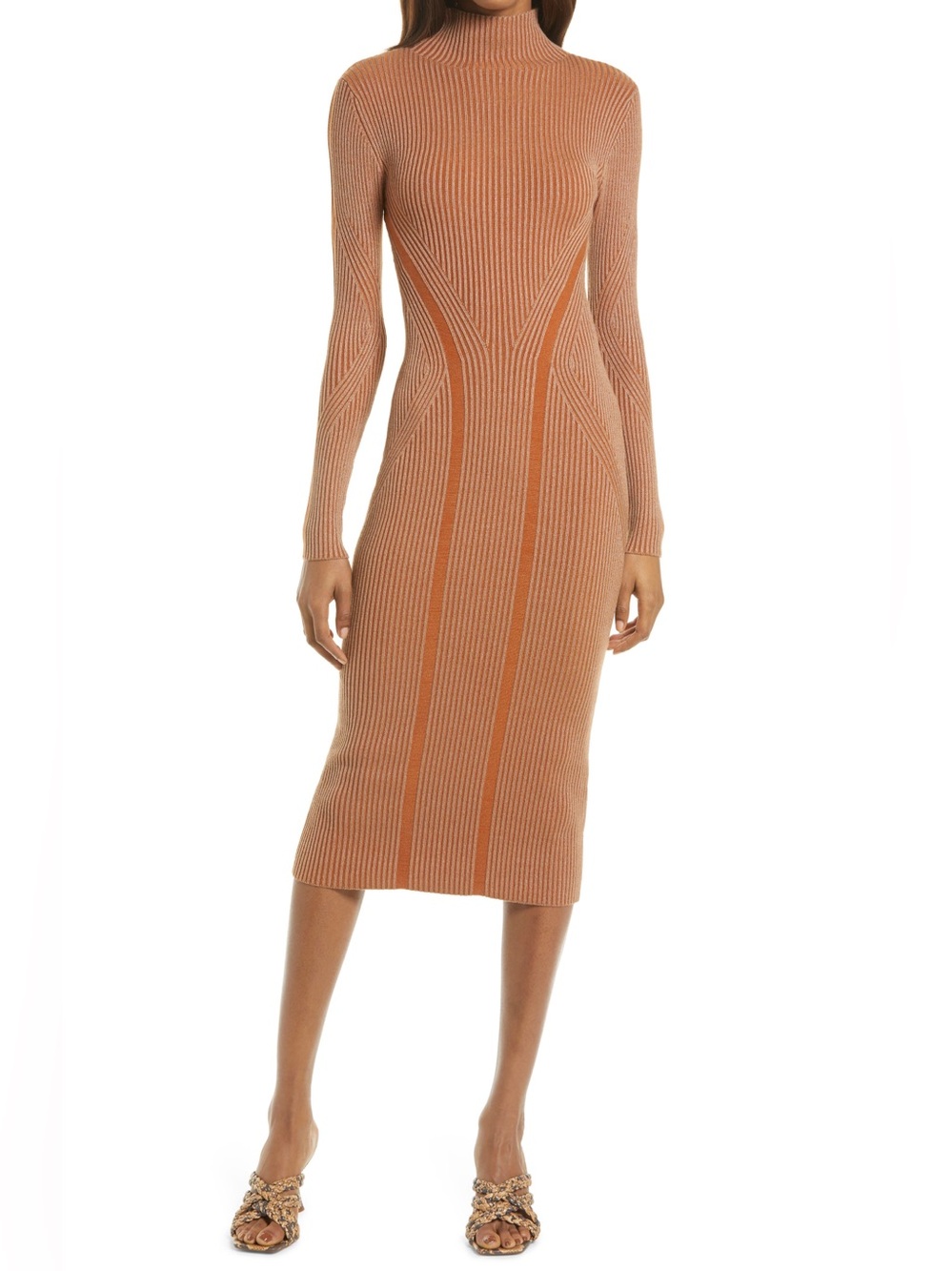 French Connection Camel Ribbed Turtleneck Midi Dress